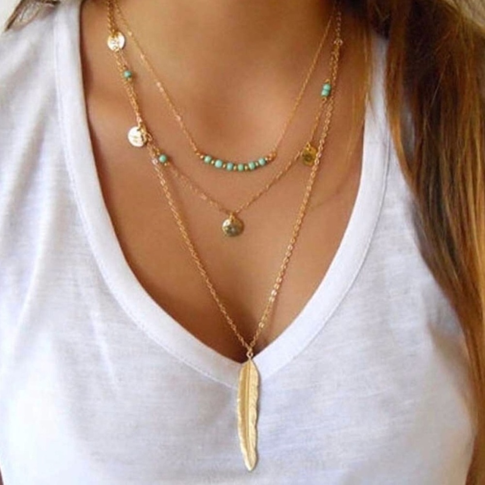 Three layer Turquoise Feather Necklace